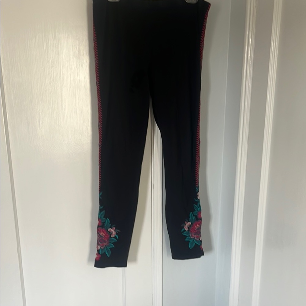 Johnny Was Black and Red Leggings with Floral Embellishments